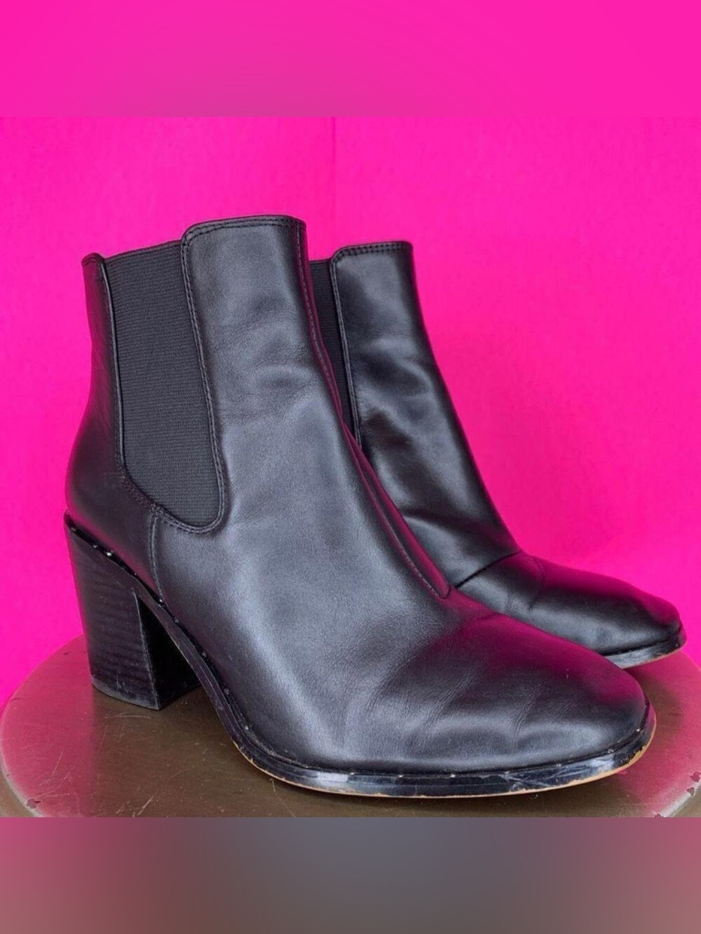 Renvy Debby Black Leather Block Heel Chelsea Boots US 6.5